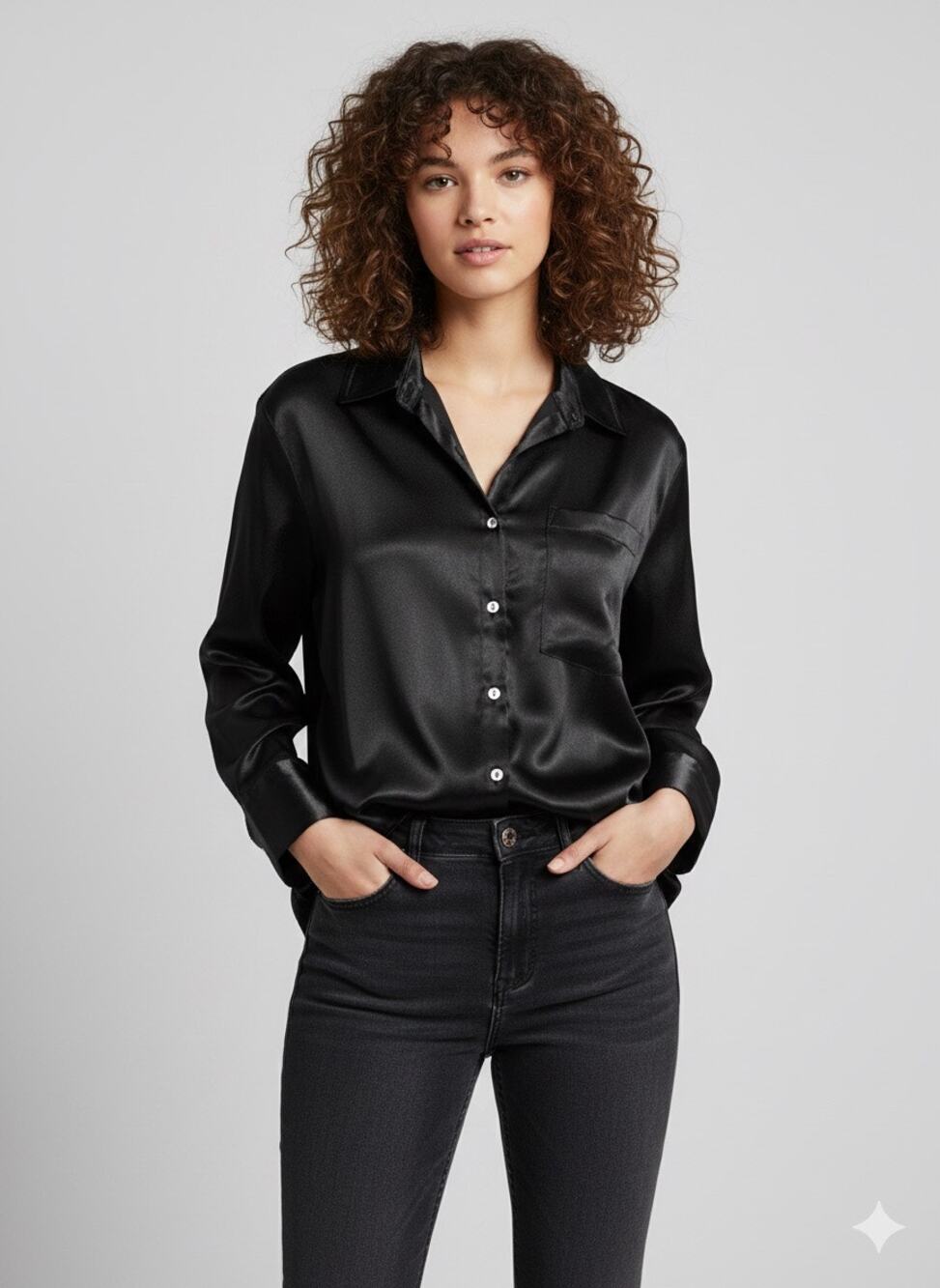 Free People Black Satin Minimalist Blouse